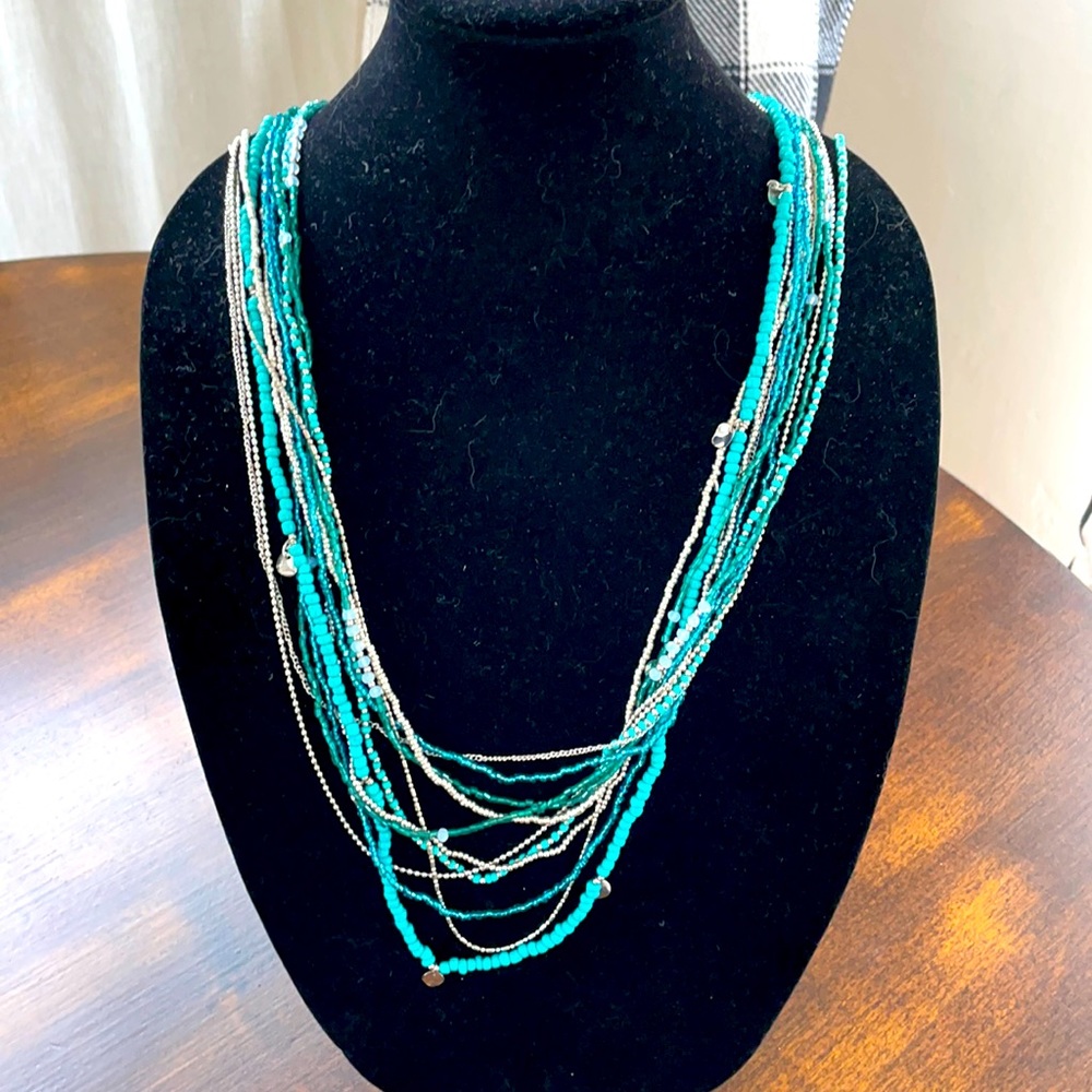 Turquoise Blue & Silver Beaded Long Multi-strand Necklace
